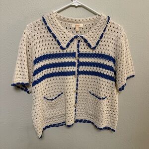 NWOT Open Knit Crochet Collared Cardigan – Cream & Blue – Size Large